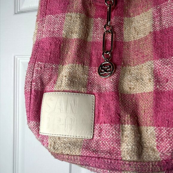Sandro Pink Cream Gingham Check Pattern Calf Leather Patch Tote Bag - Picture 3 of 12